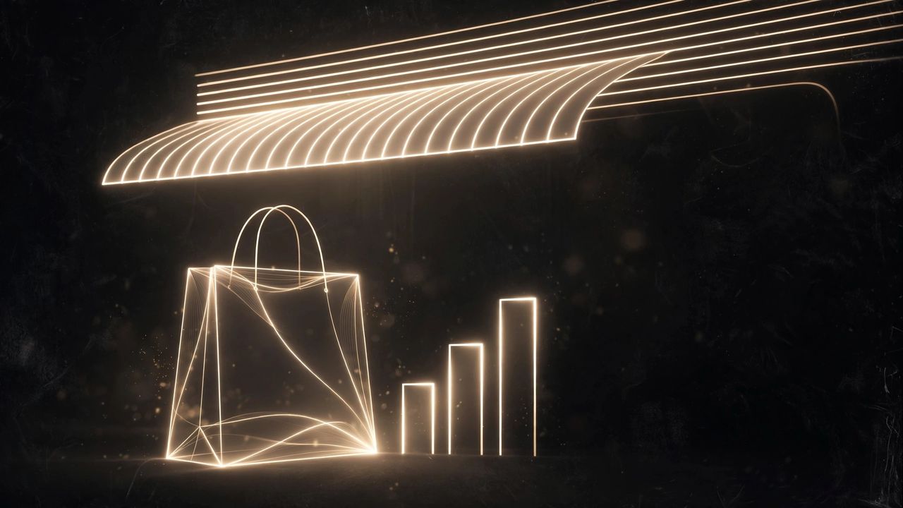 Golden shopping bag and storefront light lines symbolizing e-commerce development