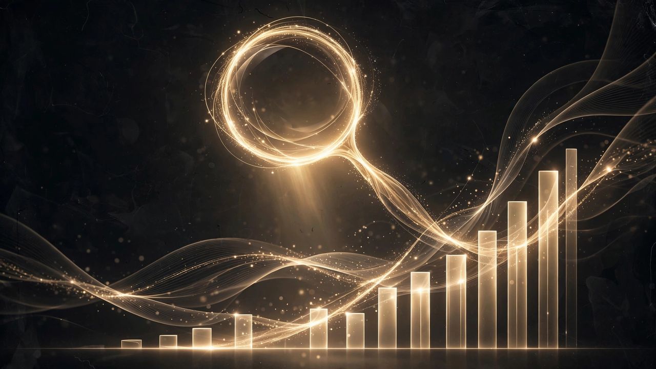 Abstract golden visualization of SEO growth — rising search rankings and data streams